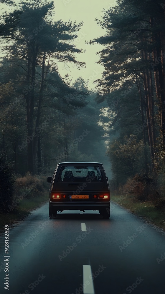 SUV in Dutch Forest Road with Mysterious Atmosphere. SUV in Dutch Forest Road with Mysterious Atmosphere.
