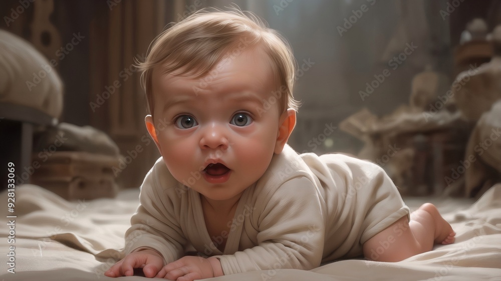 Curious baby peeking from under soft blanket in a cozy indoor setting during daylight Curious baby peeking from under soft blanket in a cozy indoor setting during daylight