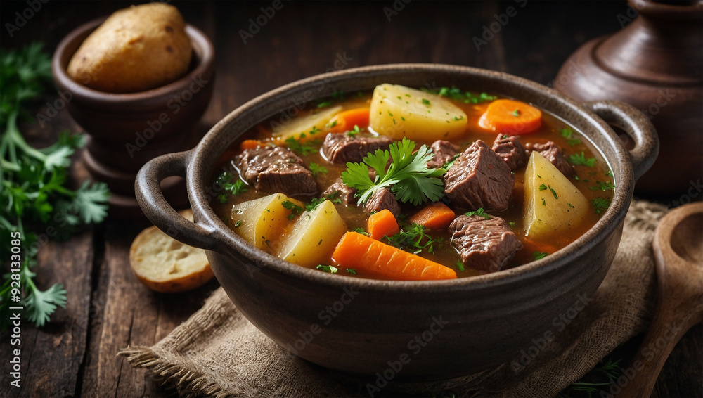 Halal beef soup with potatoes, carrots, and parsley, served in a rustic ceramic bowl. Halal beef soup with potatoes, carrots, and parsley, served in a rustic ceramic bowl.