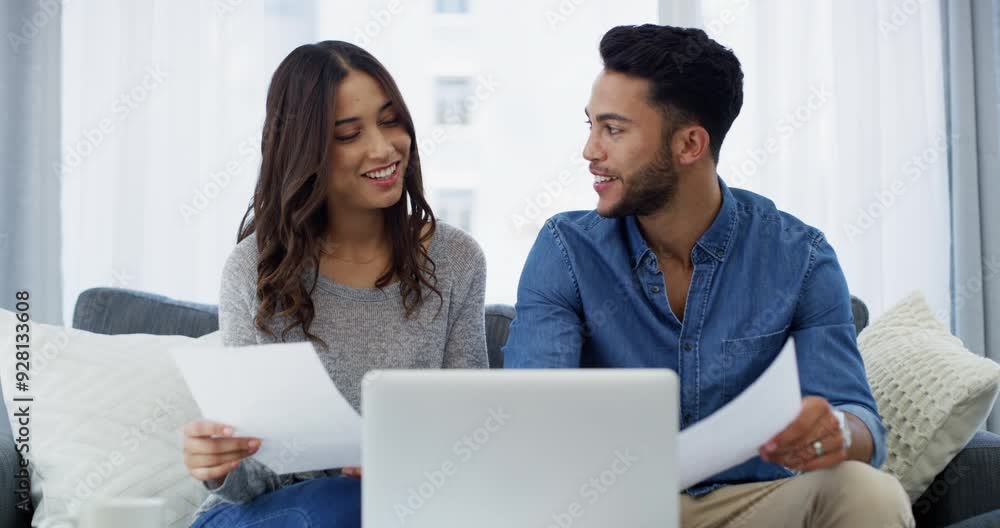 Happy, documents or couple reading laptop data, online policy information or banking increase, credit or mortgage discount. Home, smile or people check tax break, income invoice and payment review Happy, documents or couple reading laptop data, online policy information or banking increase, credit or mortgage discount. Home, smile or people check tax break, income invoice and payment review