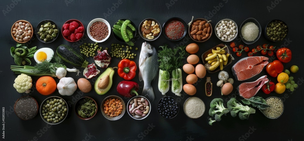 Assortment of Healthy Foods in Bowls and on a Black Background Assortment of Healthy Foods in Bowls and on a Black Background