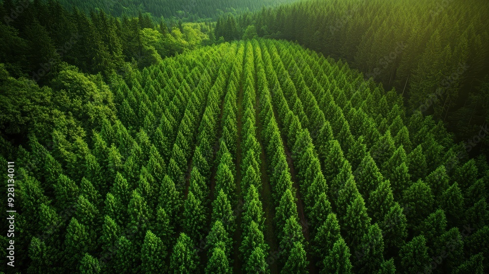 Lush Evergreen Forest Captured from Above in Vibrant Green Colors at Dawn with a Wide-Angle View Lush Evergreen Forest Captured from Above in Vibrant Green Colors at Dawn with a Wide-Angle View