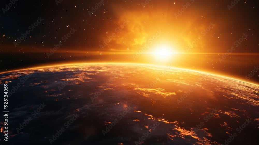 Sunrise over Earth from space with vibrant glow and distant stars in a tranquil cosmic atmosphere Sunrise over Earth from space with vibrant glow and distant stars in a tranquil cosmic atmosphere