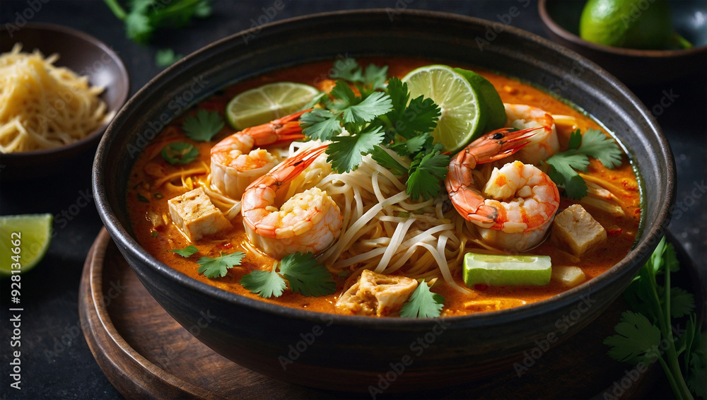 Halal laksa with prawns, tofu, and rice noodles in a rich, spicy coconut broth, garnished with lime and cilantro. Halal laksa with prawns, tofu, and rice noodles in a rich, spicy coconut broth, garnished with lime and cilantro.