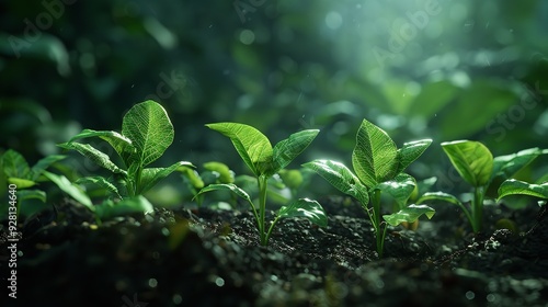 Group of young plants are growing in dirt. Plants are green and appear to be healthy.