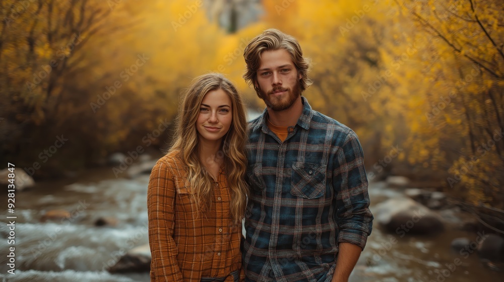 Couple by autumn river in casual plaid shirts Couple by autumn river in casual plaid shirts