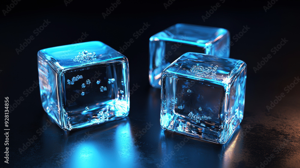 Close-up photo of three transparent blue ice cubes with water droplets placed on a reflective surface Close-up photo of three transparent blue ice cubes with water droplets placed on a reflective surface