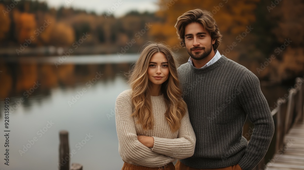 Smiling couple by autumn lake