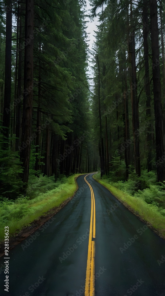 Obraz premium Winding Road Through a Dense, Lush Forest