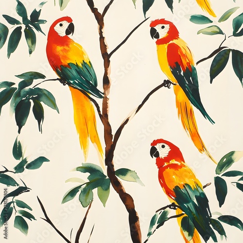 Colorful watercolor parrots in red, yellow, and green on a white background