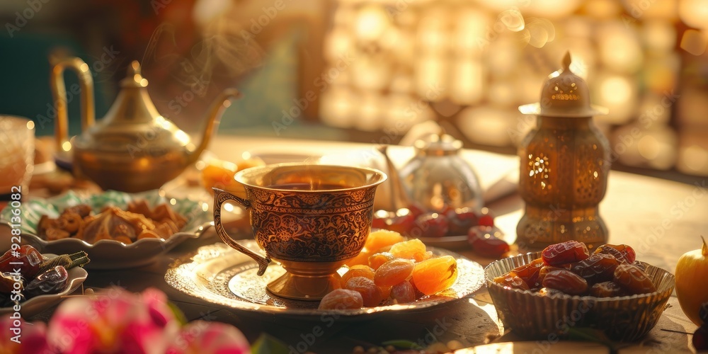 Eid celebration Stencil with Islamic holiday motif Traditional Ramadan delicacies Cup of coffee dates dried fruits and sweets Eid celebration Stencil with Islamic holiday motif Traditional Ramadan delicacies Cup of coffee dates dried fruits and sweets