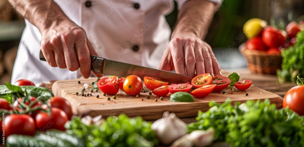Chef Slicing Tomatoes on Wooden Cutting Board Chef Slicing Tomatoes on Wooden Cutting Board