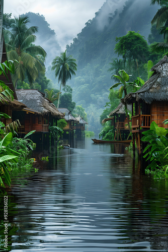 Peaceful Water Village Amidst Lush Tropical Jungle with Misty Mountain Backdrop