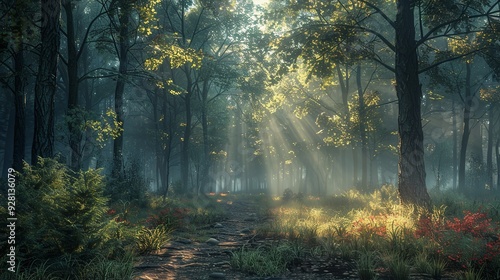 Early morning mist in a dense forest, with sunlight filtering through the trees and creating an ethereal and dreamy landscape perfect for peaceful backgrounds.