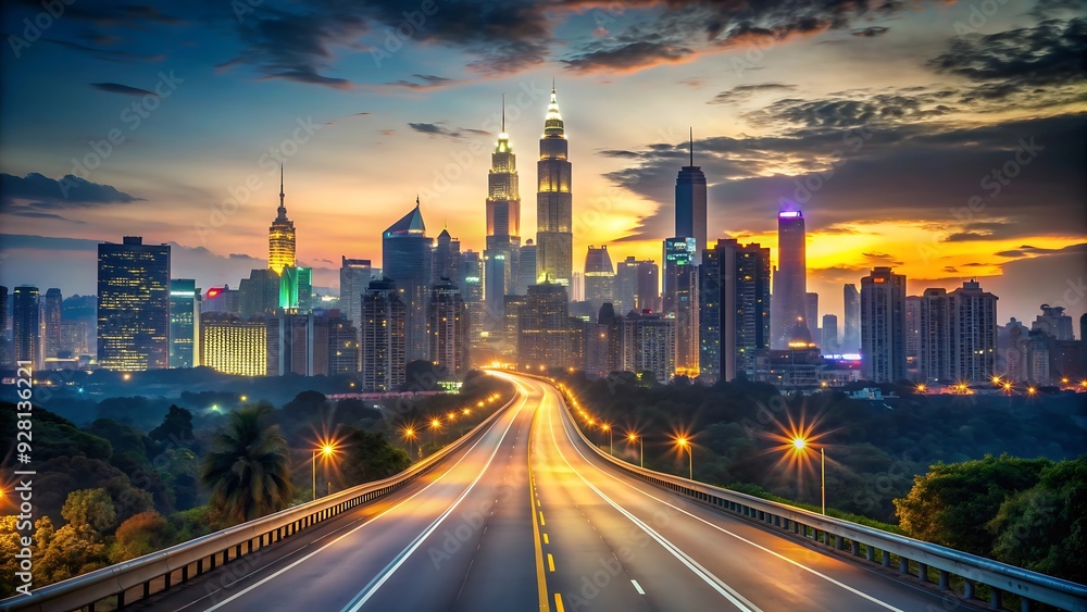 Fototapeta premium Empty Highway Leading to a Modern City Skyline at Sunset.