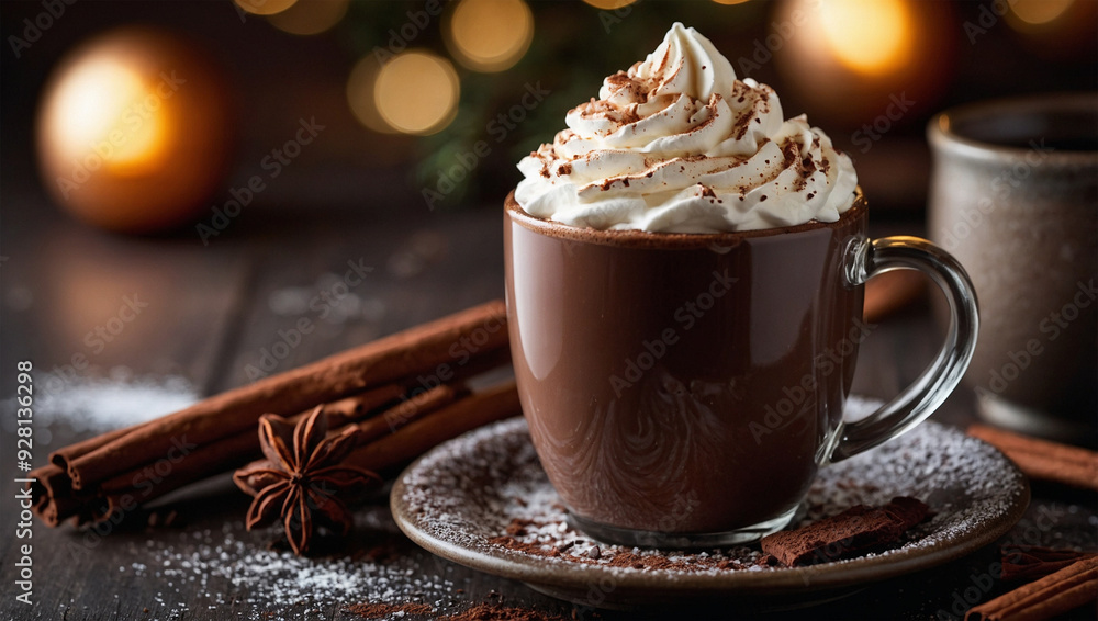 Hot chocolate with a swirl of whipped cream and a sprinkle of cocoa powder, in a festive mug. Hot chocolate with a swirl of whipped cream and a sprinkle of cocoa powder, in a festive mug.