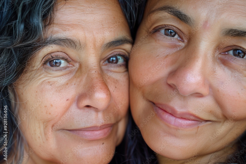 Close-up portrait of two smiling women with wrinkles Close-up portrait of two smiling women with wrinkles