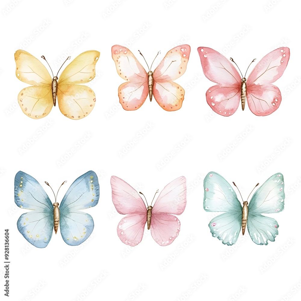 Fototapeta premium Cute watercolor butterflies in soft colors for nursery wall art.