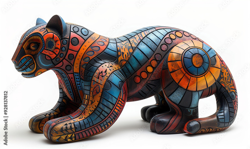 Obraz premium Intricate Wooden Jaguar Alebrije Sculpture with Traditional Mexican Patterns