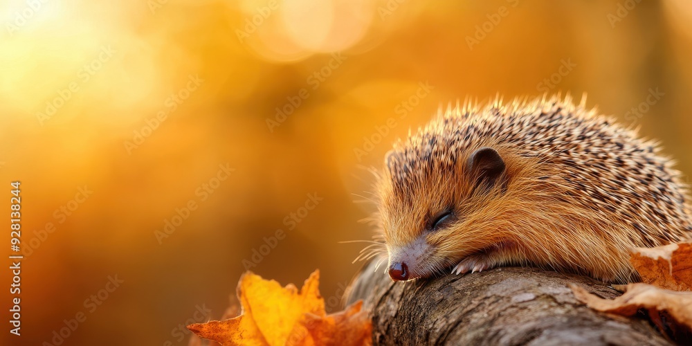 Fototapeta premium A cozy hedgehog rests on a log surrounded by autumn leaves, capturing the essence of fall in a warm, vibrant setting.