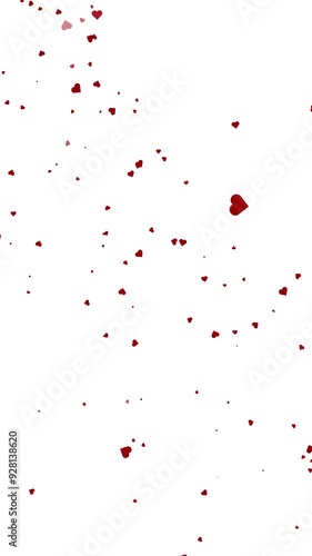 Red hearts flying down on isolated white vertical background.