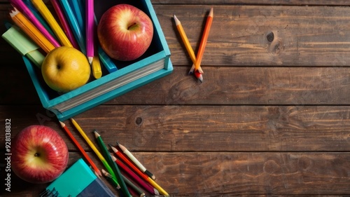 Back to school concept with stationery on wooden background