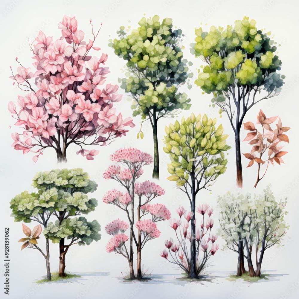 Obraz premium Watercolor painting of nine trees with pink blossoms and green leaves.