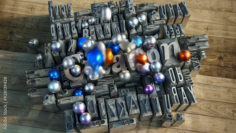 Block of metallic printing letters and the word creation Block of metallic printing letters and the word creation