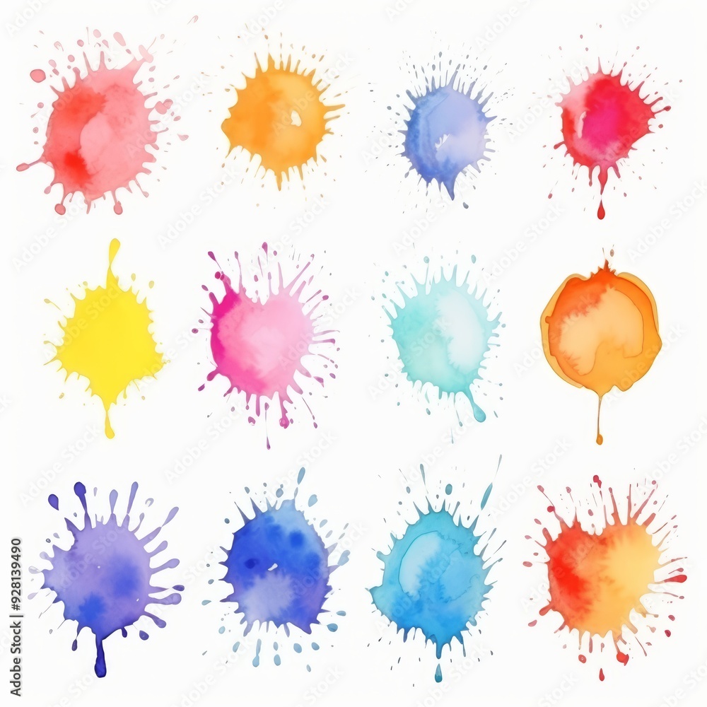 Watercolor paint splatters of pink, red, yellow, blue, orange, and teal, isolated on white background. Watercolor paint splatters of pink, red, yellow, blue, orange, and teal, isolated on white background.