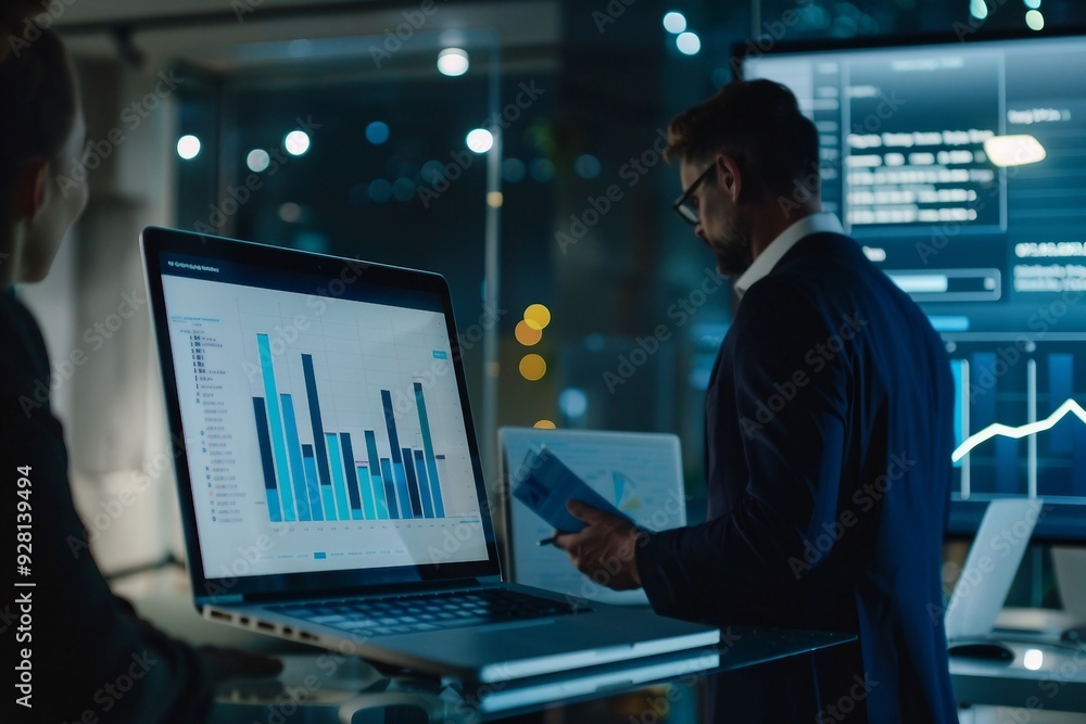 Businessman analyzing data on laptop with charts and graphs Businessman analyzing data on laptop with charts and graphs