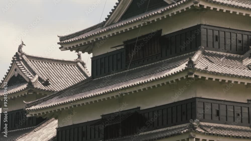 Close up view of the black outer exterior castle of Matsumoto Castle Close up view of the black outer exterior castle of Matsumoto Castle