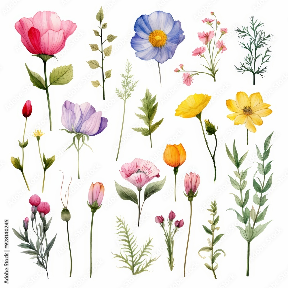 Watercolor illustration of various flowers and plants isolated on white background. Watercolor illustration of various flowers and plants isolated on white background.