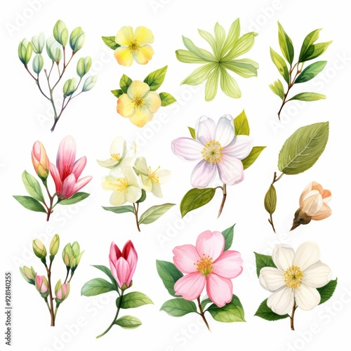 Watercolor illustration of various flowers and leaves isolated on white background.