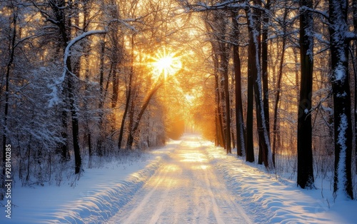 A serene winter landscape featuring a snowy path illuminated by a golden sunrise through the trees.