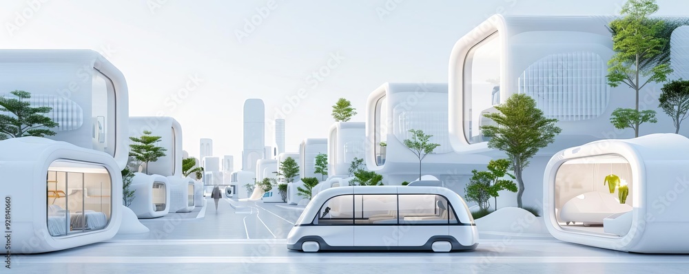 Futuristic electric vans navigating an urban landscape with advanced 3D ...