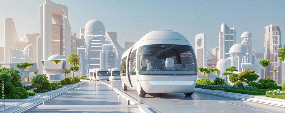 Futuristic electric vans navigating an urban landscape with advanced 3D ...