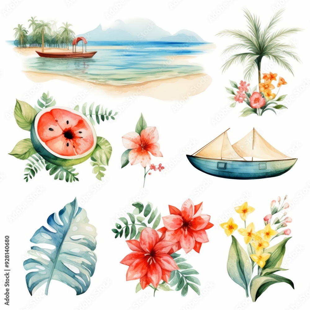 Obraz premium Watercolor illustration of tropical plants, flowers, and a boat.