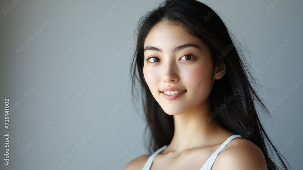 young woman with long, dark hair poses confidently in a bright, minimalist studio. Her radiant smile and natural beauty are emphasized by the simple white outfit she wears. young woman with long, dark hair poses confidently in a bright, minimalist studio. Her radiant smile and natural beauty are emphasized by the simple white outfit she wears.