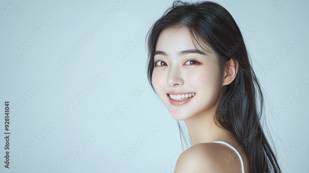 young woman with long, dark hair poses confidently in a bright, minimalist studio. Her radiant smile and natural beauty are emphasized by the simple white outfit she wears. young woman with long, dark hair poses confidently in a bright, minimalist studio. Her radiant smile and natural beauty are emphasized by the simple white outfit she wears.