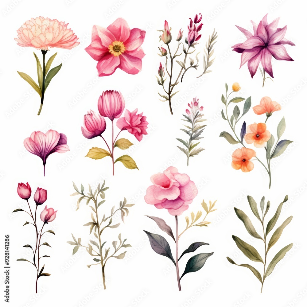 Obraz premium Watercolor illustration of pink and orange flowers with green leaves isolated on a white background.