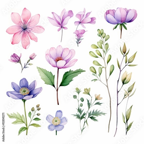 Watercolor illustration of pink and purple flowers with green leaves and stems isolated on a white background.