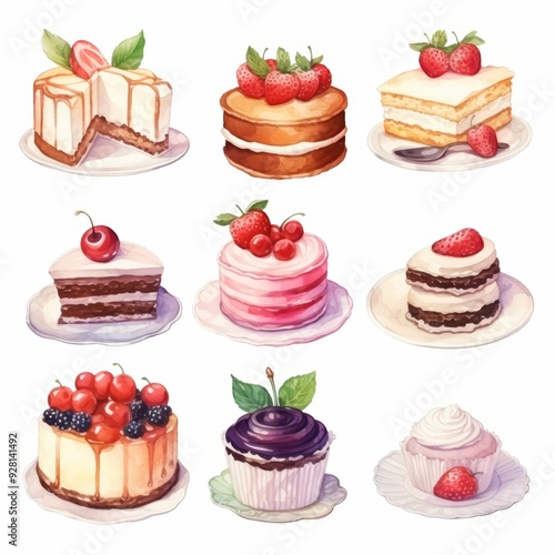 Watercolor illustration of nine different decorated cakes and cupcakes on plates.