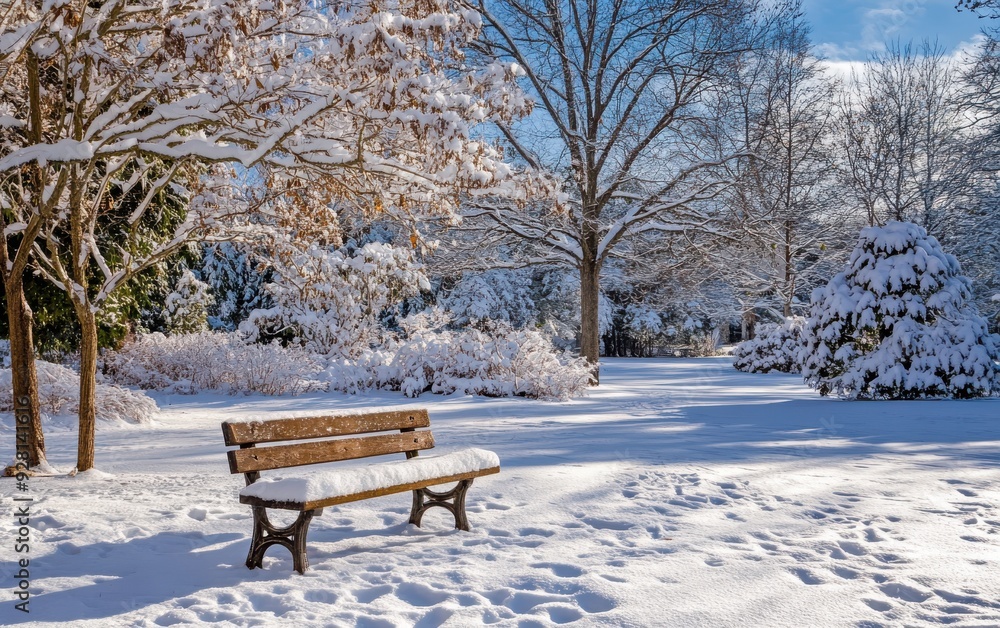 A tranquil winter scene featuring a snow-covered bench surrounded by trees and soft snow under a bright blue sky. A tranquil winter scene featuring a snow-covered bench surrounded by trees and soft snow under a bright blue sky.