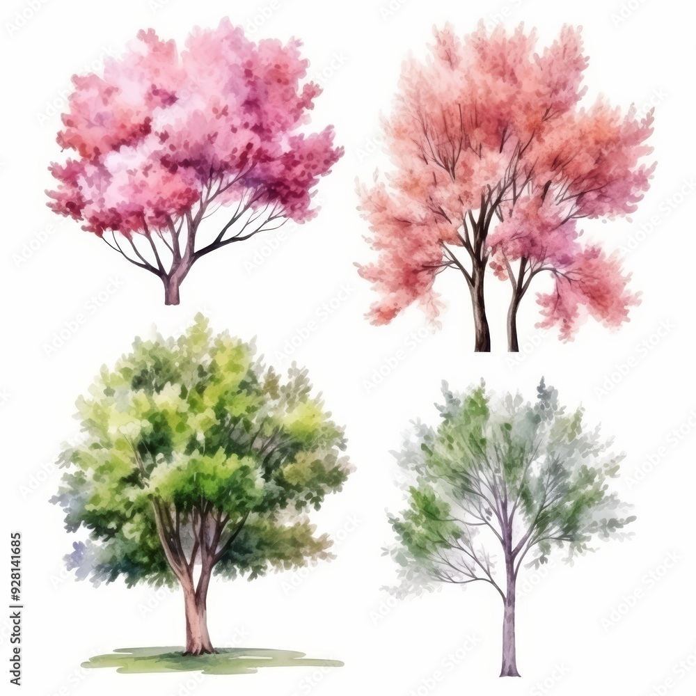 Obraz premium Watercolor illustration of four trees, two pink flowering trees, a green leafy tree, and a gray leafy tree.