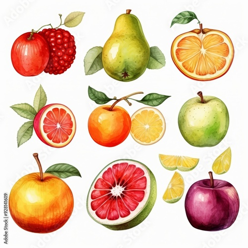 Watercolor illustration of fruits, including apple, pear, orange, lemon and grapefruit.