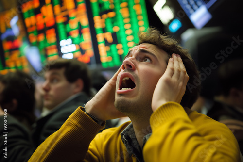 Stock trader stressed and panicked as the stock market plummets; financial crisis is a concern for investors, brokers, and traders