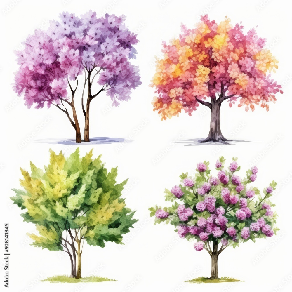 Fototapeta premium Watercolor illustration of four trees with different colored flowers.