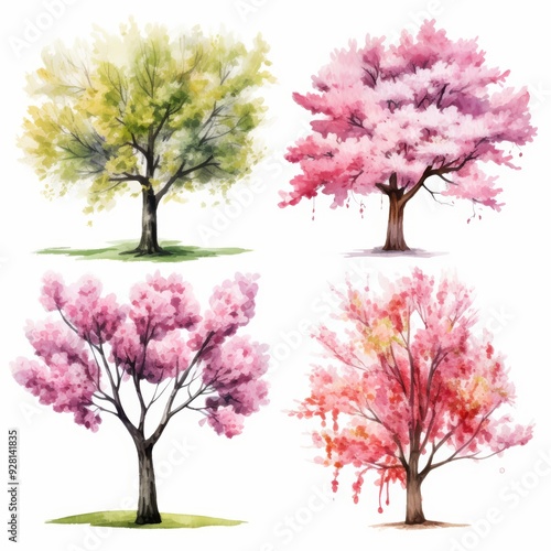 Watercolor illustration of four trees in various stages of growth, featuring a green tree, two pink flowering trees, and a red flowering tree.