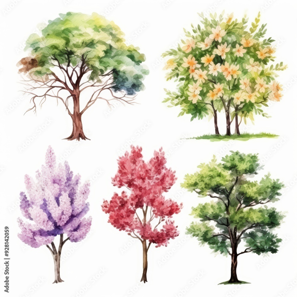 Obraz premium Watercolor illustration of five trees with different foliage and colors.