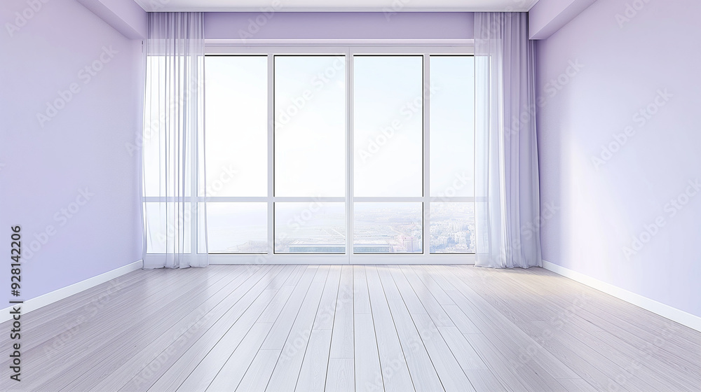 Fototapeta premium An empty room with pale lavender walls, a large floor-to-ceiling window